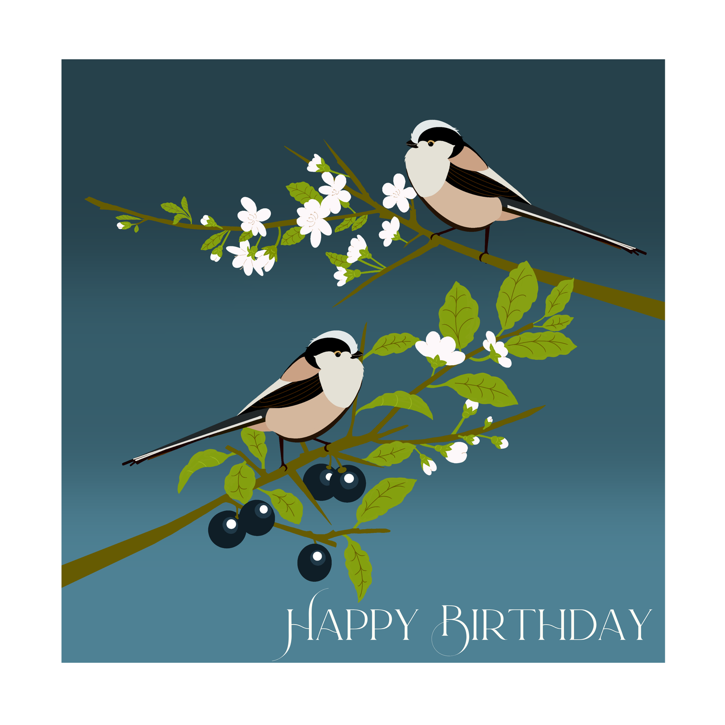 Square greeting card - Long tailed tits - Happy Birthday