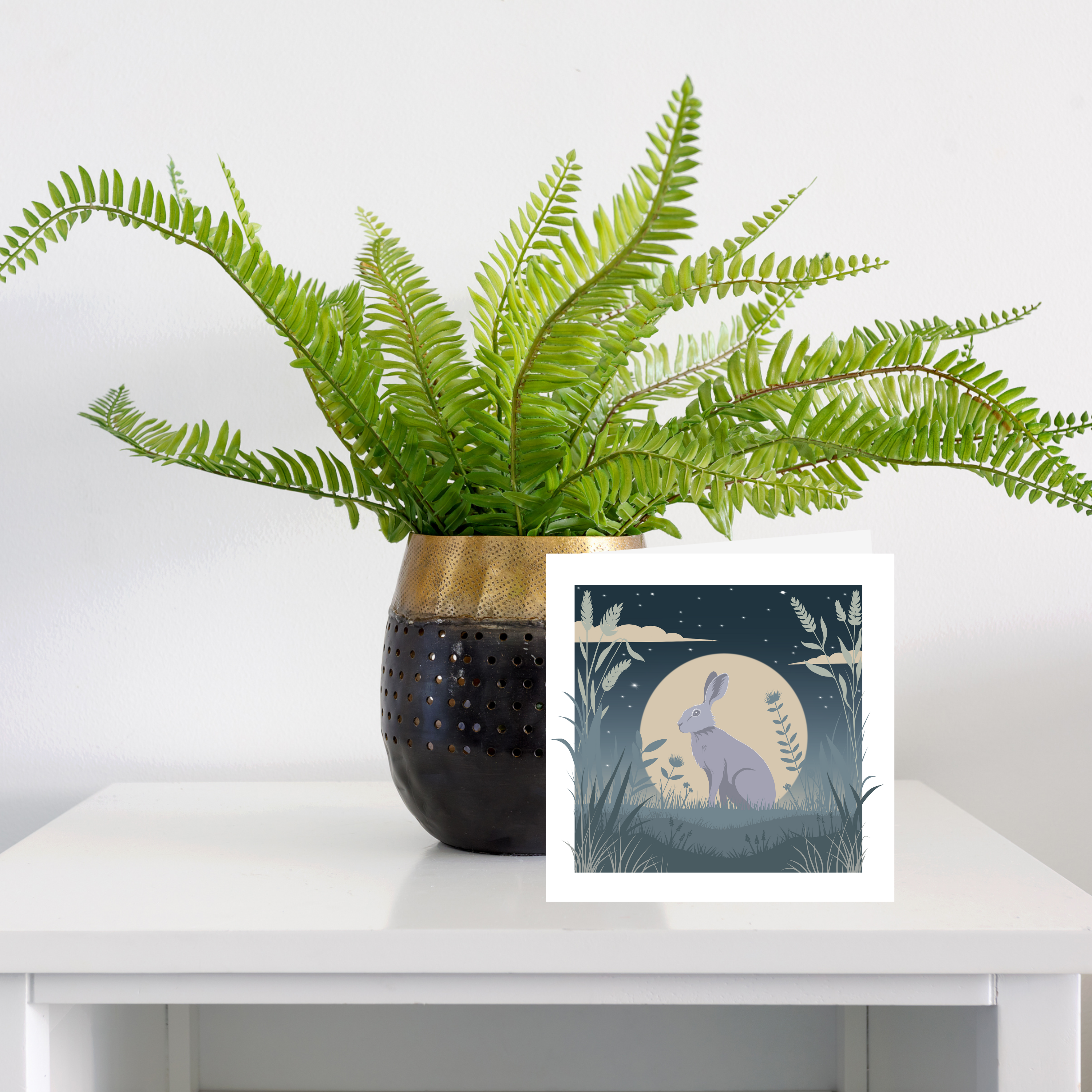 Square greeting card - Hare by moonlight – Blue Tulip Art & Design