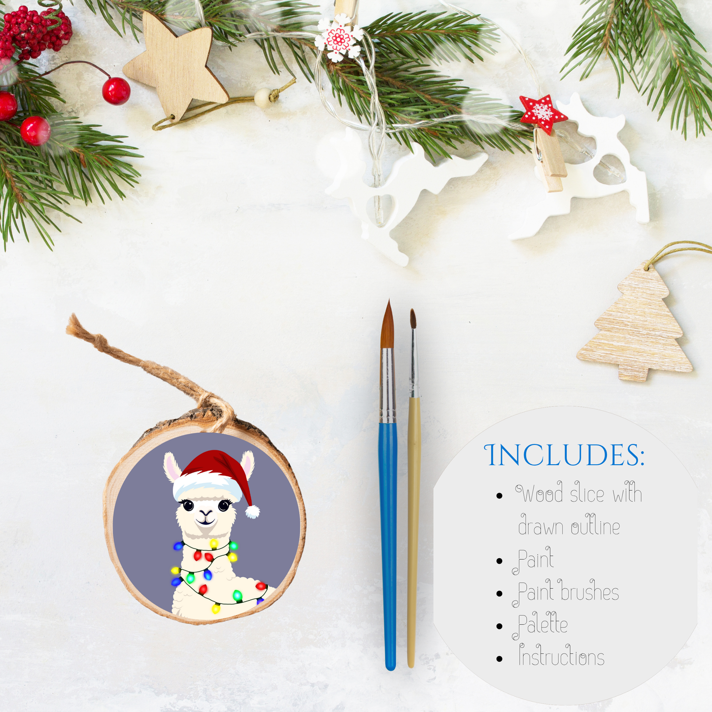 Christmas Theme Wood Slice Acrylic Kit - Festive Llama