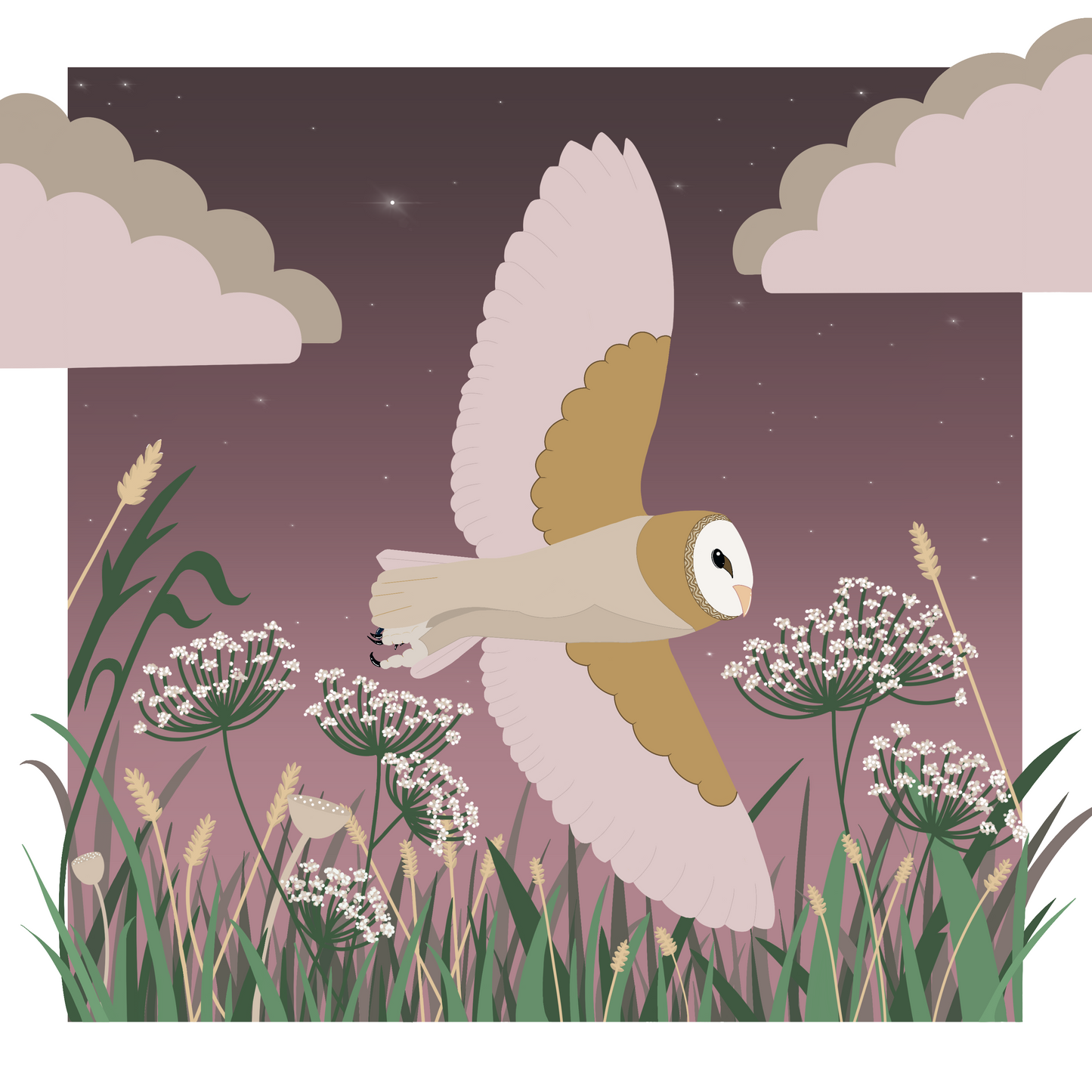 Square greeting card - Barn owl in flight