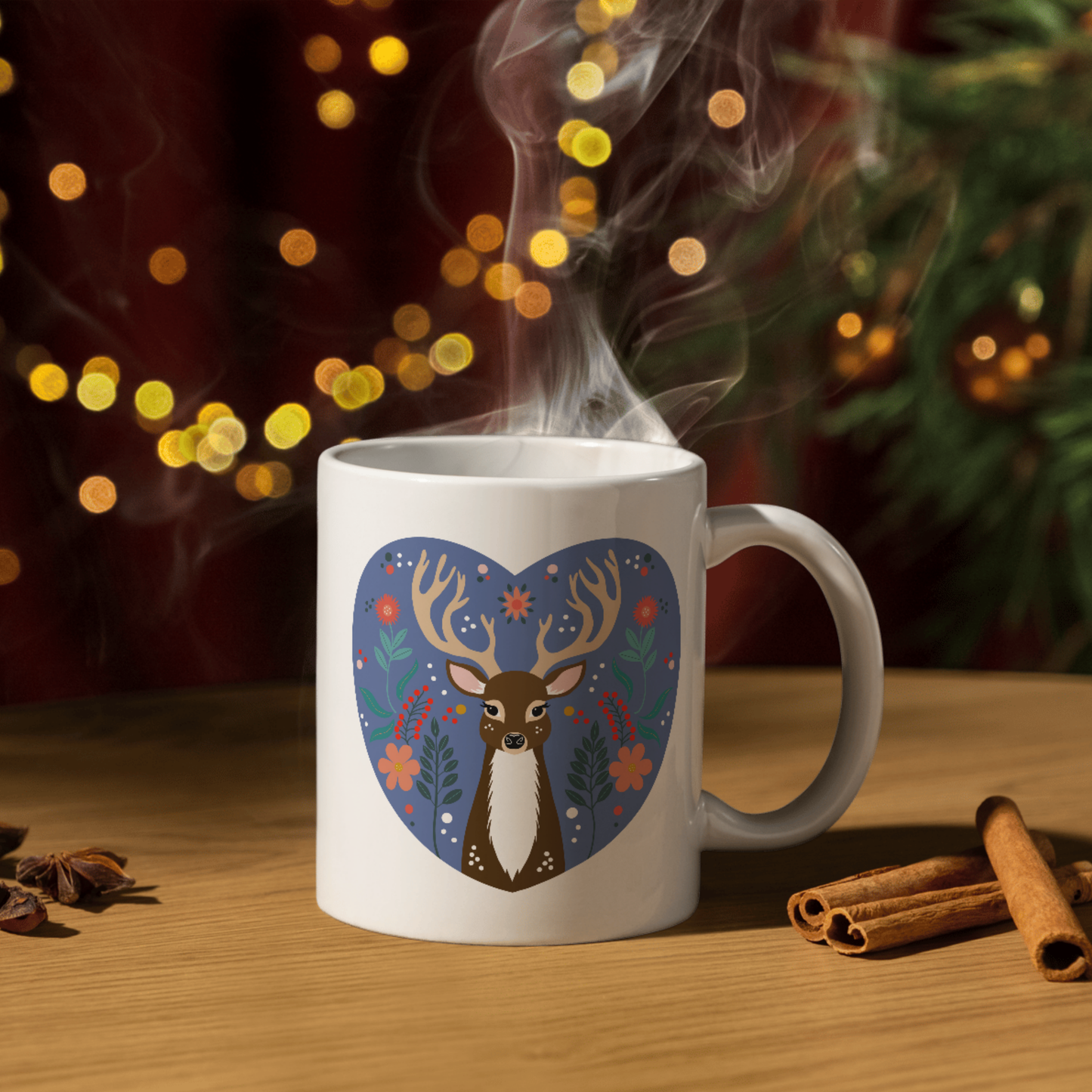 White Ceramic Mug - Christmas Folk Art Deer