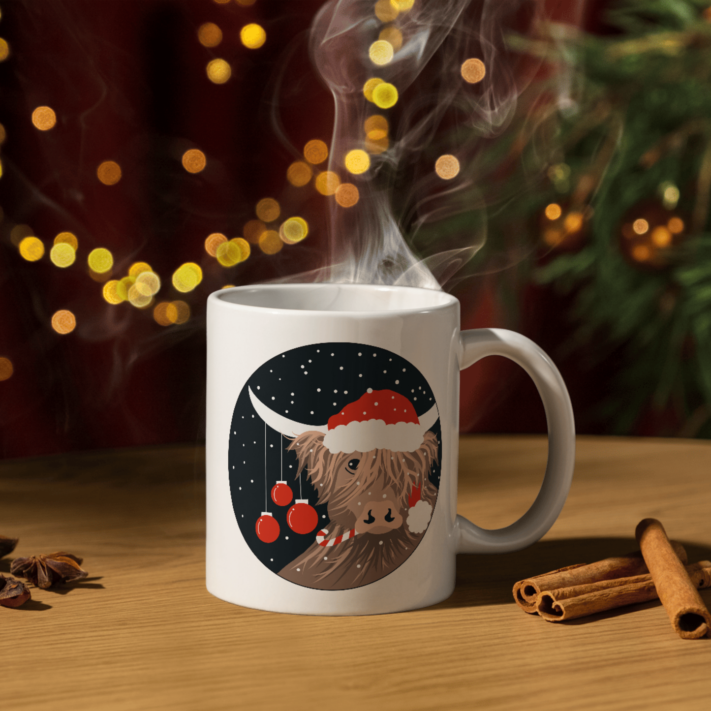 White Ceramic Mug - Christmas Highland Cow