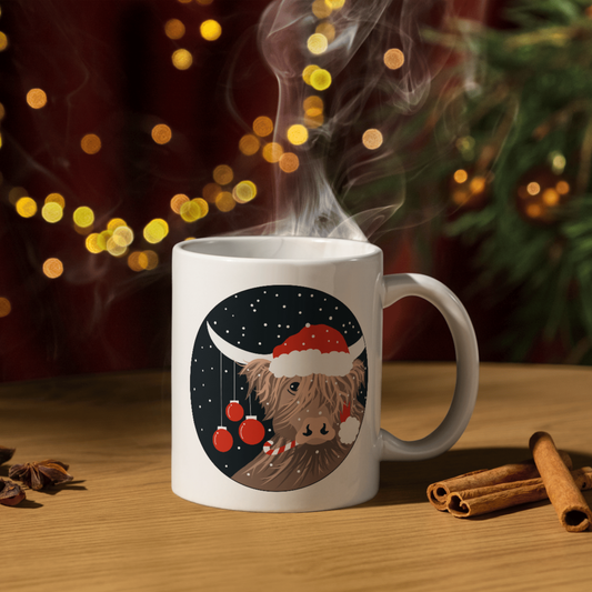 White Ceramic Mug - Christmas Highland Cow