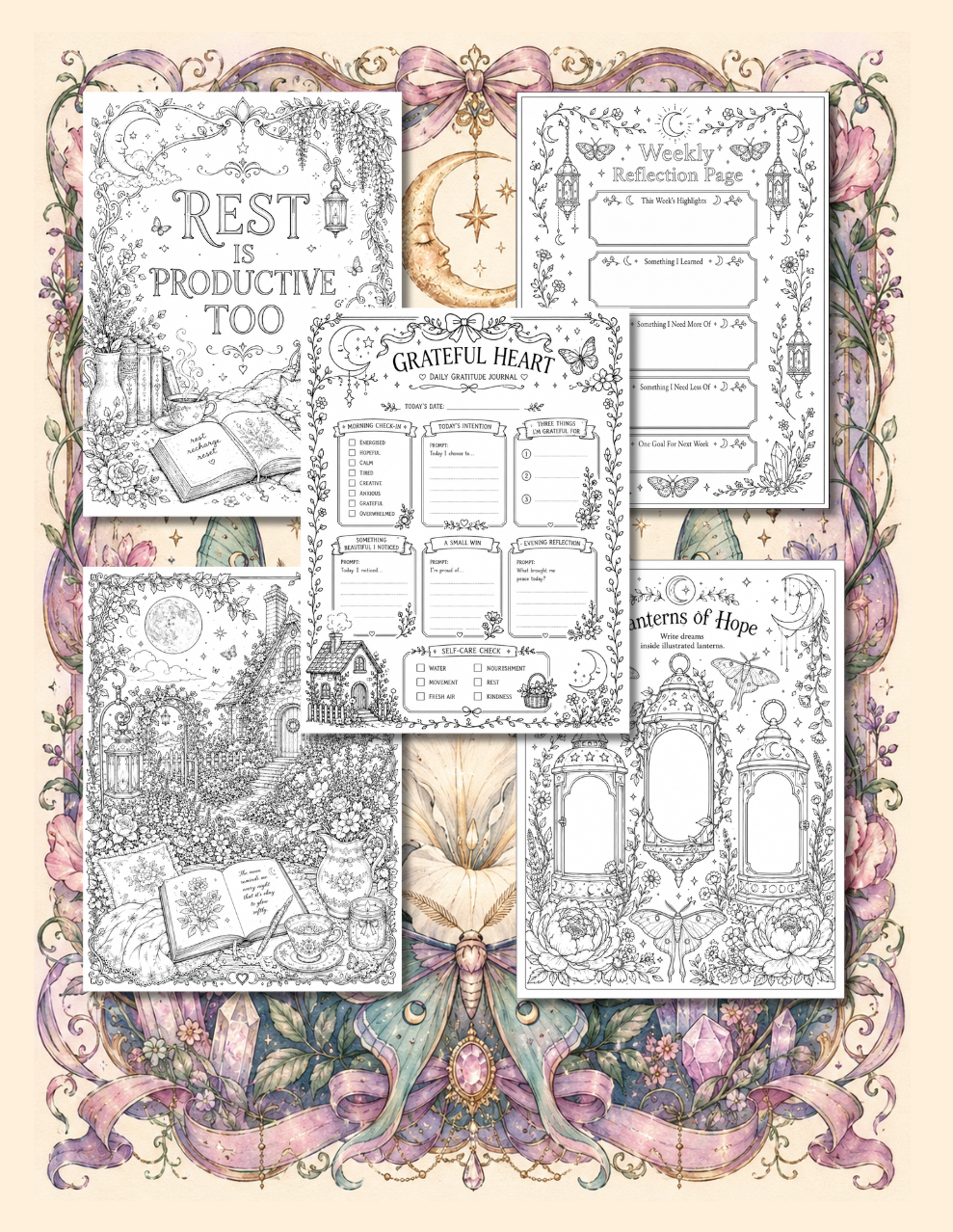 Decorative planner with various sections and illustrations on a beige background