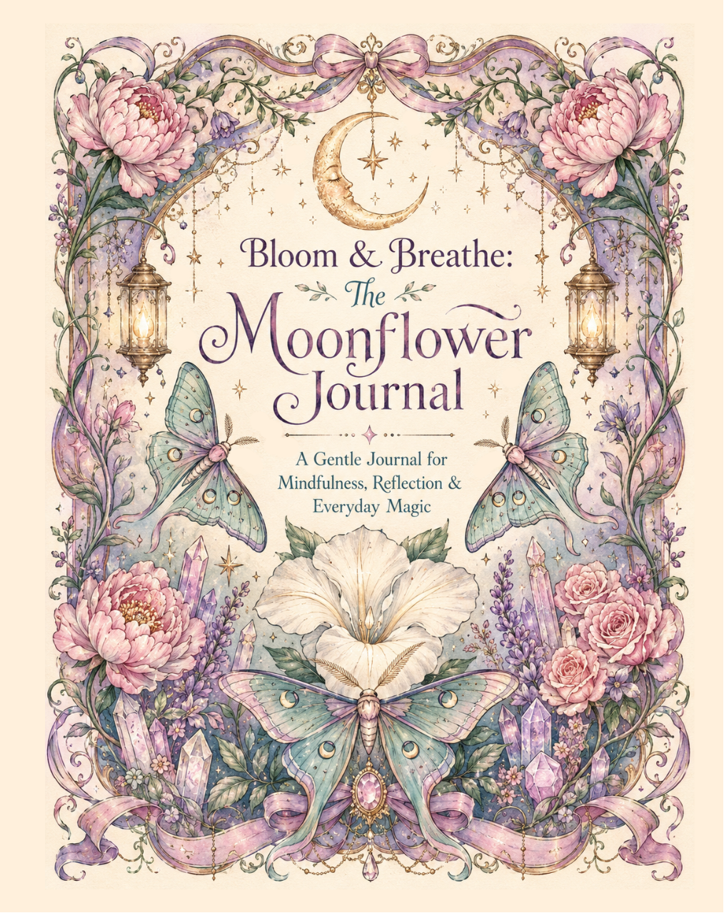 Decorative journal cover with floral and butterfly design, featuring text 'Bloom & Breathe: The Moonflower Journal'.