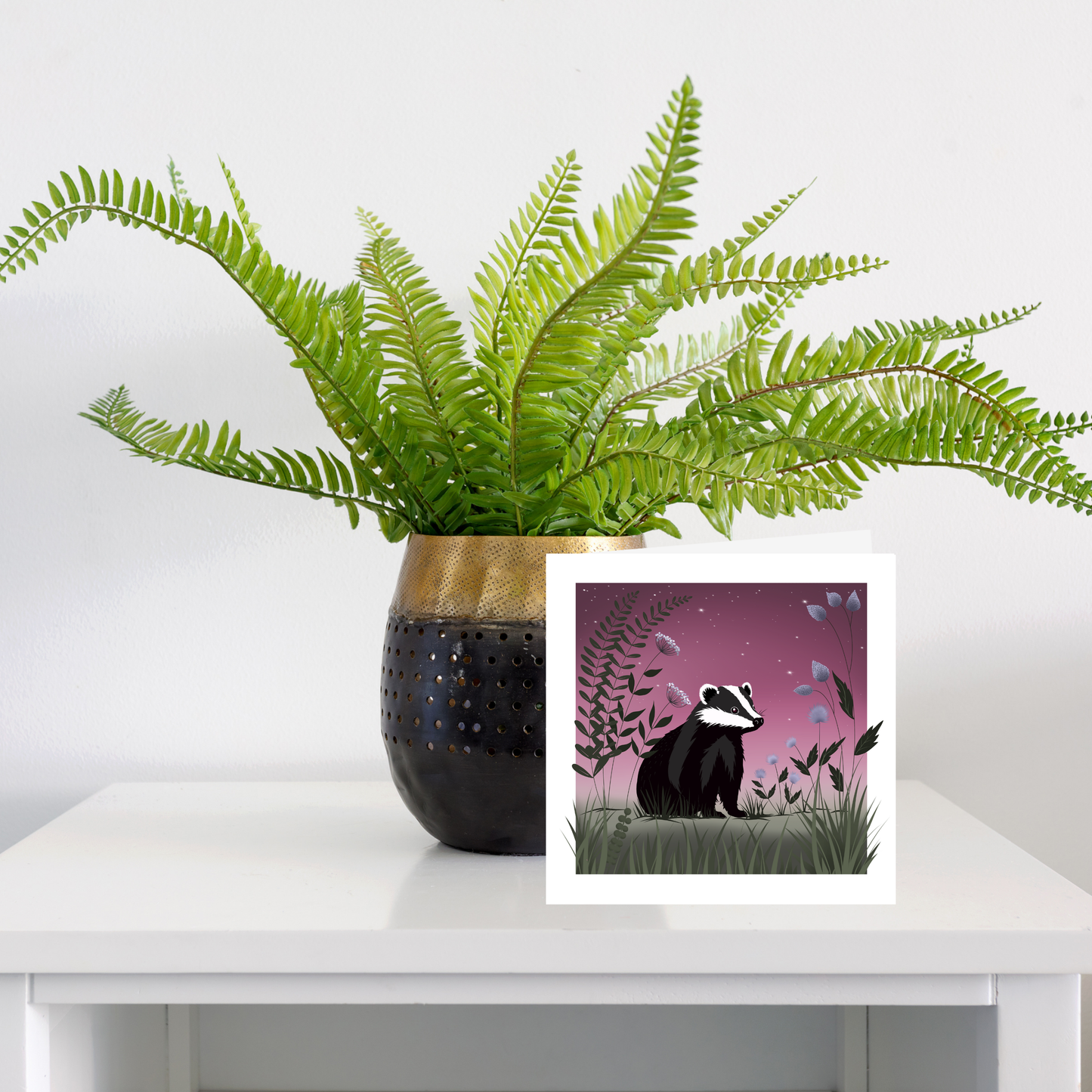 Square greeting card - Twilight badger