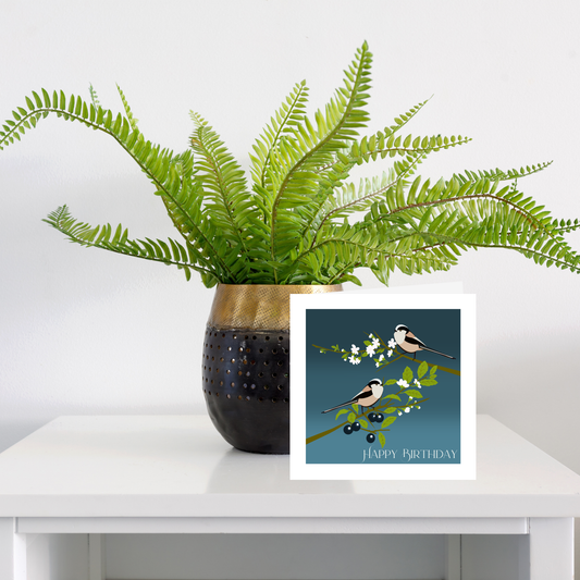 Square greeting card - Long tailed tits - Happy Birthday