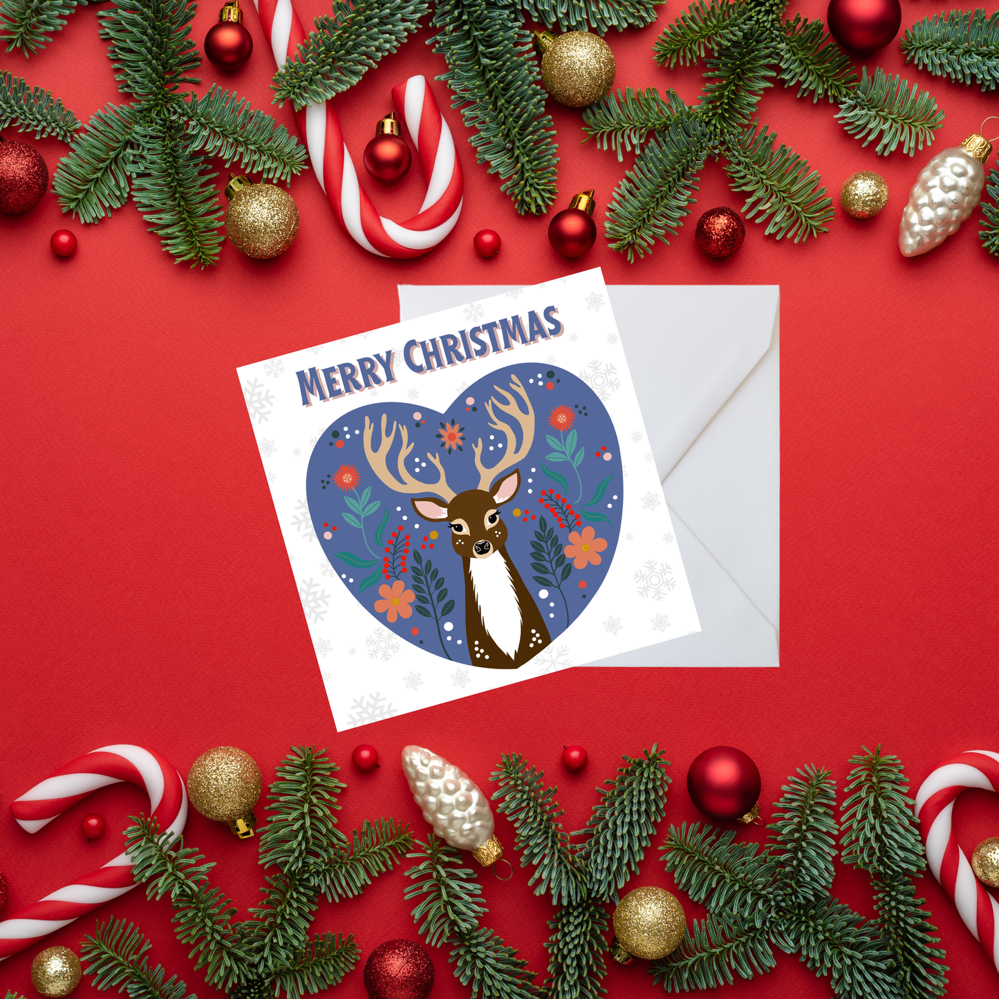 Square Christmas card - Folk art deer Christmas