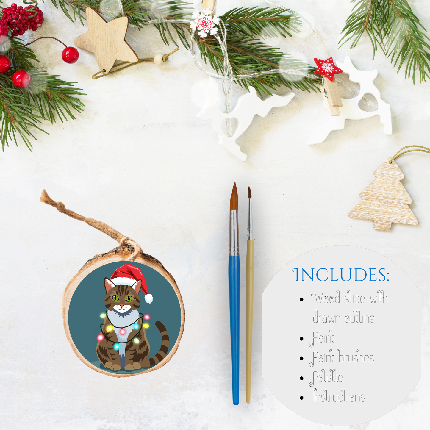 Christmas Theme Wood Slice Acrylic Kit - Festive Tabby Cat