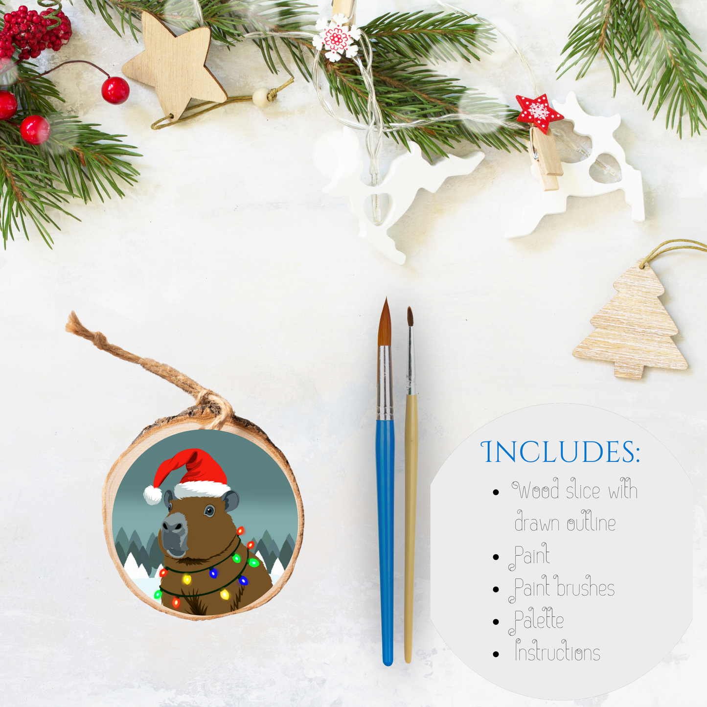 Christmas Theme Wood Slice Acrylic Kit - Festive Capybara